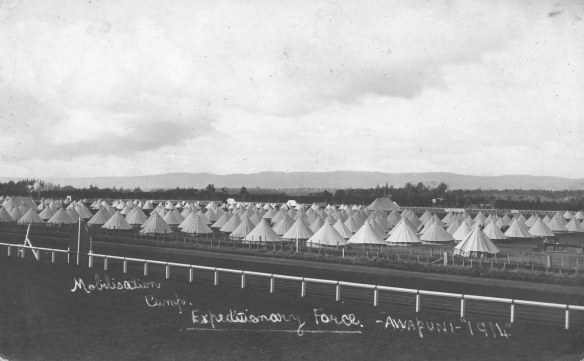 Mobilisation camp, Awapuni, August or September 1914. Collection of Hawke’s Bay Museums Trust, Ruawharo Tā-ū-rangi, 3162, gifted by Mrs Florence Le Lievre 